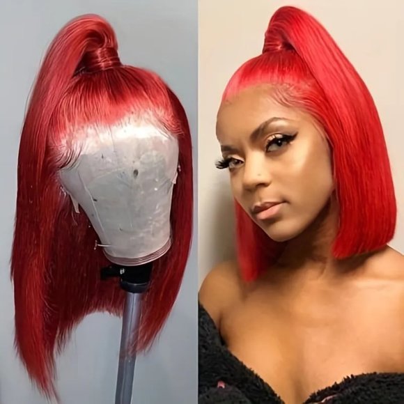 200% Density Bright Red 13×4 Lace Frontal Brazilian Remy Human Hair Bob Wig - Picture 1 of 8